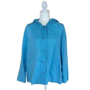 J Jill Womens 100% Linen Jacket Aqua Teal Hooded Pockets Lightweight Size Medium